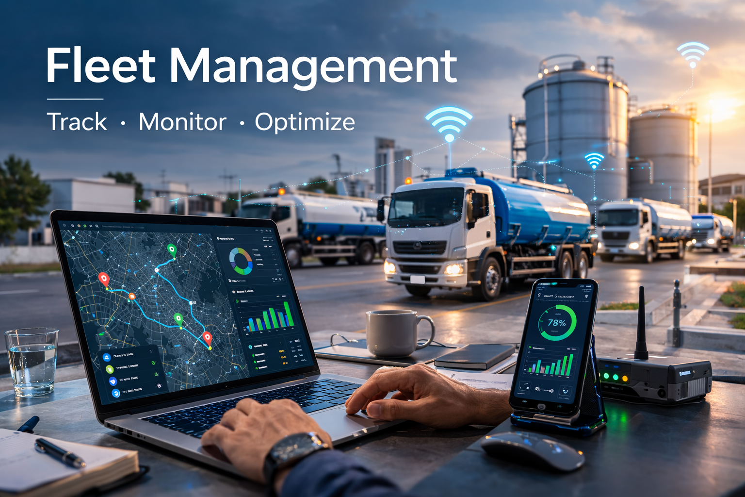 Aerial view of a fleet depot or logistics hub with IoT overlay